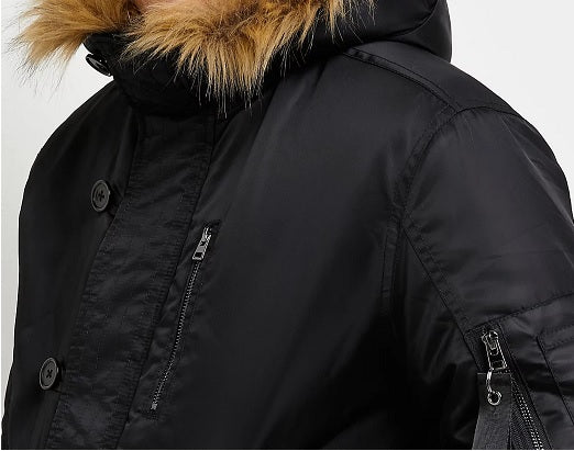 BLACK SPLIT FUR HOOD PADDED BOMBER JACKET