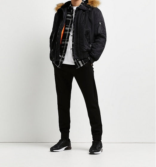 BLACK SPLIT FUR HOOD PADDED BOMBER JACKET