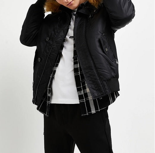 Black bomber coat with fur clearance hood