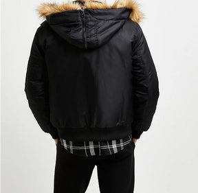 BLACK SPLIT FUR HOOD PADDED BOMBER JACKET