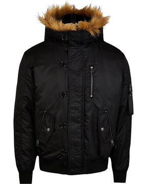 BLACK SPLIT FUR HOOD PADDED BOMBER JACKET