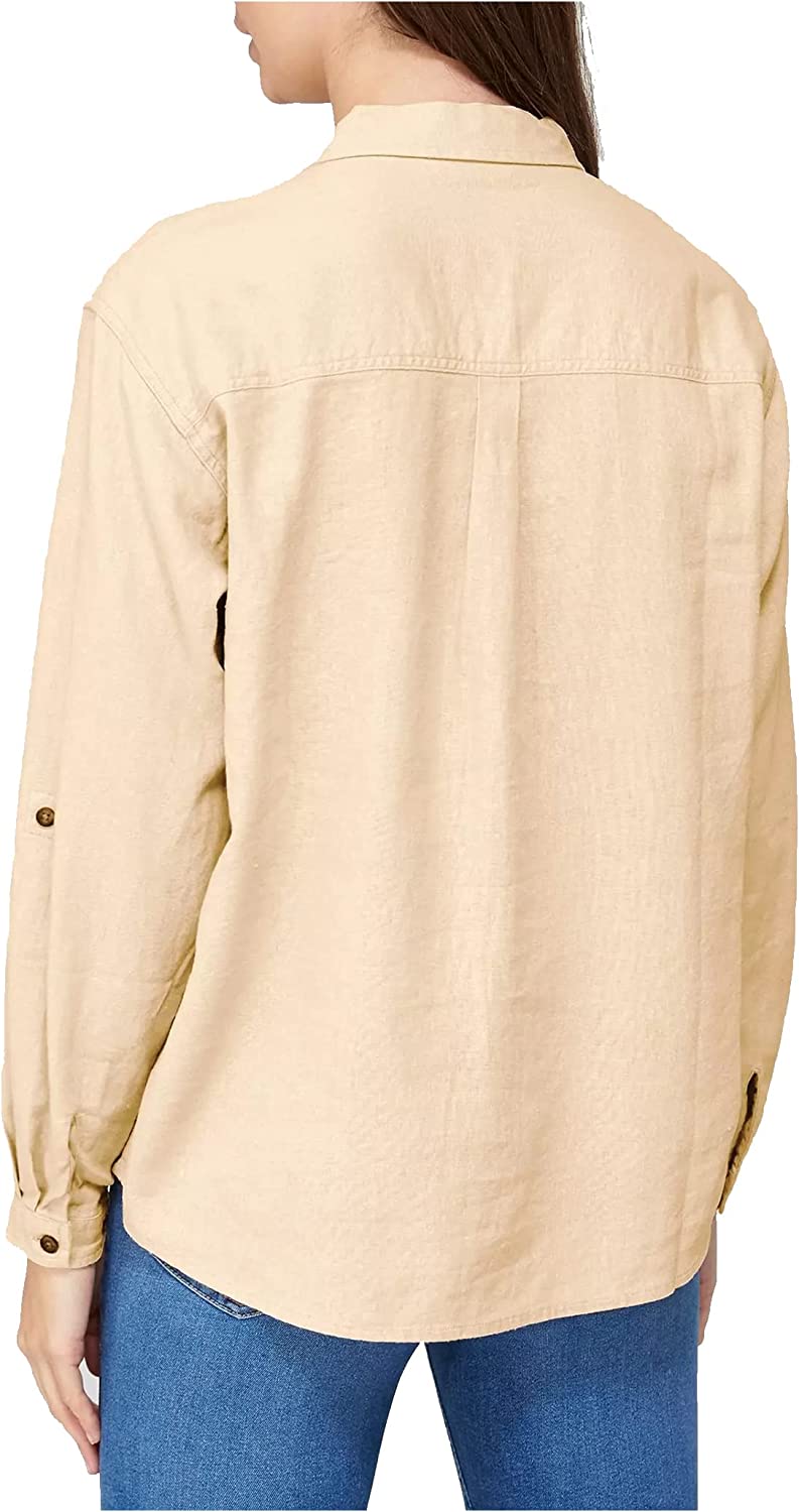 V by Very Women’s Roll Tab Sleeve Linen Mix Casual Shirt Stone