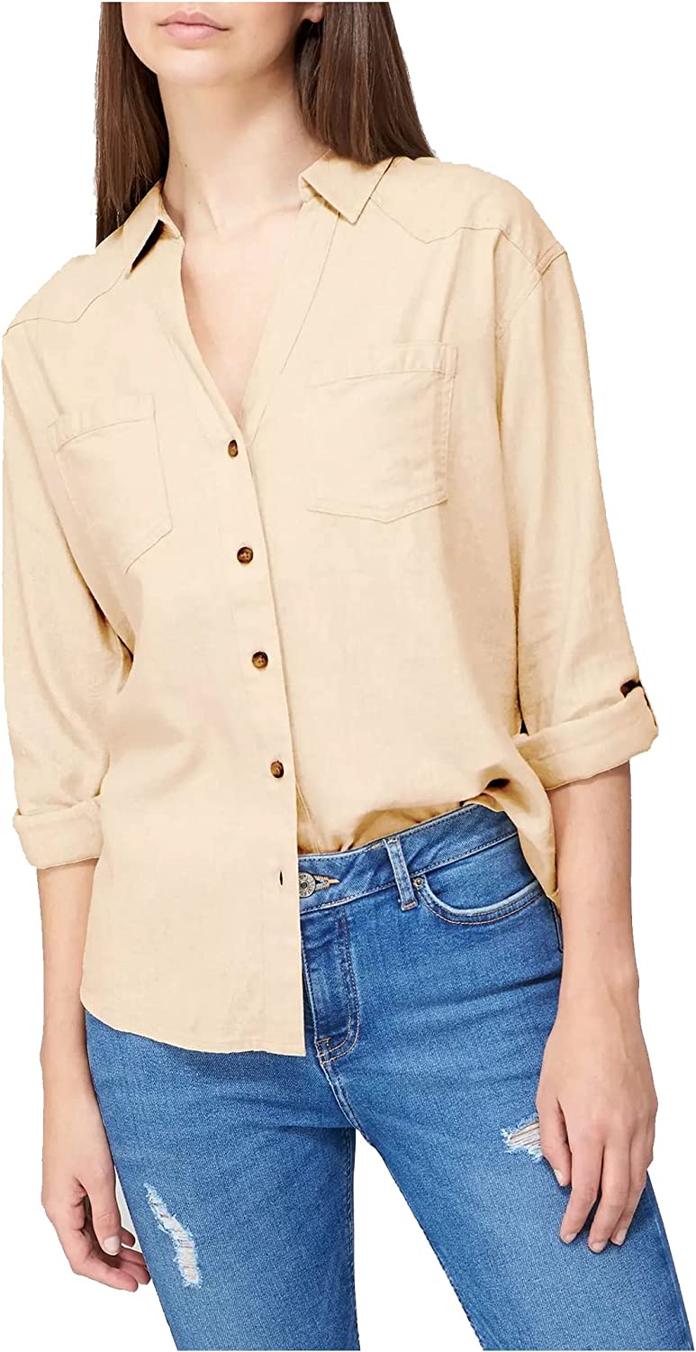 V by Very Women’s Roll Tab Sleeve Linen Mix Casual Shirt Stone