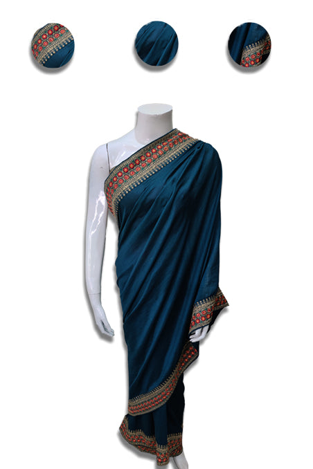 Navy Blue Red Border Saree