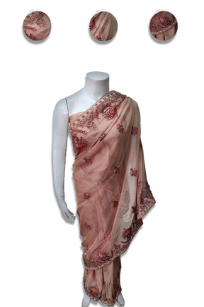 Peach Embroidery Silk Saree