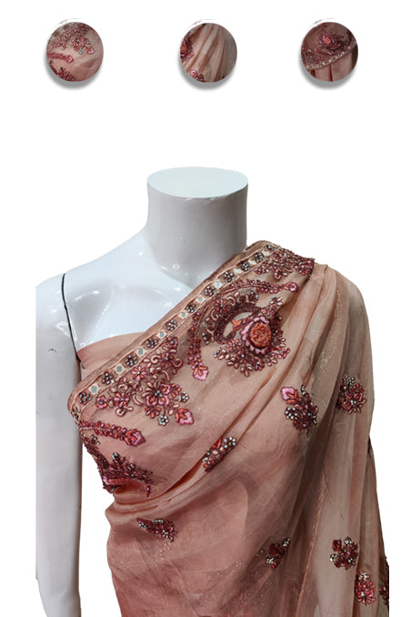 Peach Embroidery Silk Saree