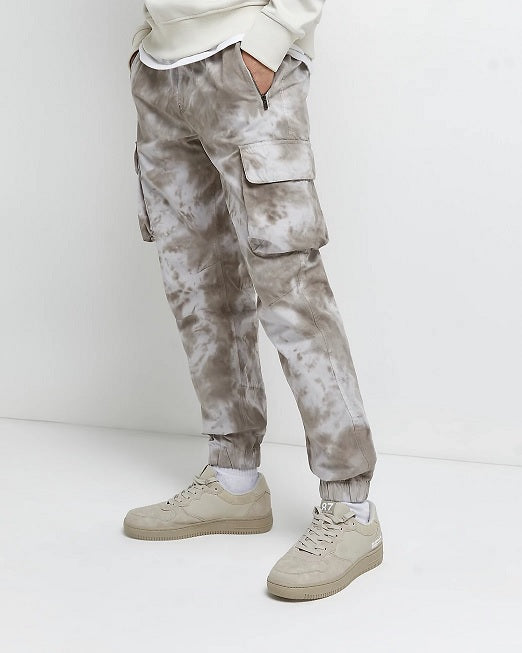 Grey Slim Fit Tie Dye Cargo Trousers